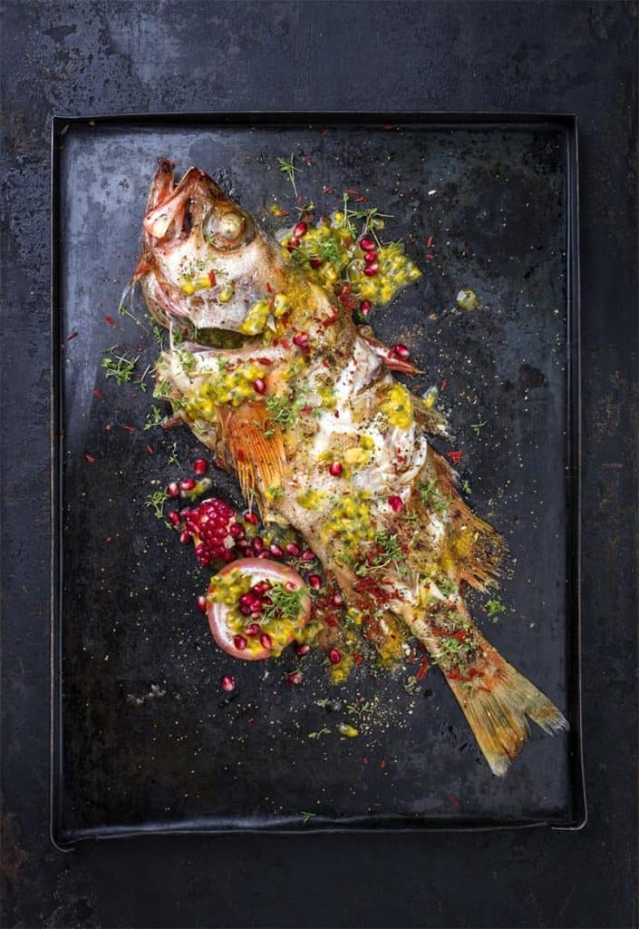 fish with pomegranate and passion fruit salsa